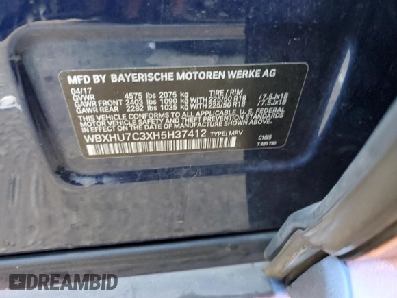 2017 BMW X1 sDrive28i with VIN WBXHU7C3XH5H37412, listed as a Copart auction lot 71733512 with 0 mi miles. Bid and sale history available at carsss.com. Image 12.