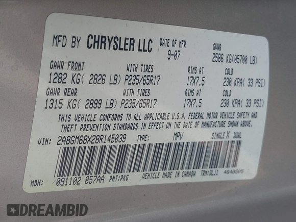 2008 Chrysler Pacifica Touring with VIN 2A8GM68X28R145039, listed as a IAAI auction lot 41612824 with 195,043 mi miles and . Bid and sale history available at DreamBid. Image 9.