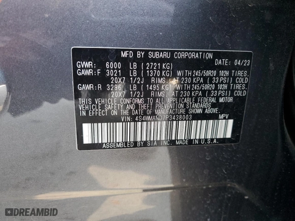 2023 Subaru Ascent Limited with VIN 4S4WMAND7P3438003, listed as a Copart auction lot 48475184 with NaN miles. Bid and sale history available at carsss.com. Image 15.