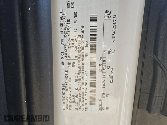 2023 Ford Transit Cargo with VIN 1FTBR1Y82PKB80207, listed as a Copart auction lot 88218055 with 33,382 mi miles and Clean Title. Bid and sale history available at DreamBid. Image 14.