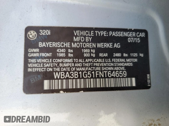 2015 BMW 3 Series 320i with VIN WBA3B1G51FNT64659, listed as a Copart auction lot 51007935 with 99,495 mi miles and Salvage Title. Bid and sale history available at carsss.com. Image 12.