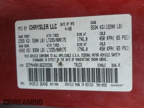 2008 Dodge 3500 Laramie with VIN 3D7MX48A18G229396, listed as a Copart auction lot 47978865 with Not Provided miles and Salvage Title. Bid and sale history available at carsss.com. Image 12.