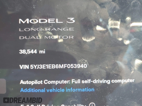 2021 Tesla Model 3 Long Range with VIN 5YJ3E1EB6MF053940, listed as a IAAI auction lot 41344978 with 38,544 mi miles and . Bid and sale history available at DreamBid. Image 15.