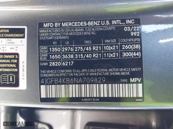 2022 Mercedes-Benz GLE with VIN 4JGFB4KB6NA709829, listed as a IAAI auction lot 41359856 with 1 mi miles. Bid and sale history available at carsss.com. Image 9.