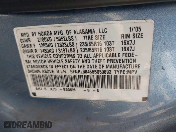2005 Honda Odyssey EX with VIN 5FNRL38465B059893, listed as a IAAI auction lot 42790058 with 257,143 mi miles and . Bid and sale history available at DreamBid. Image 9.