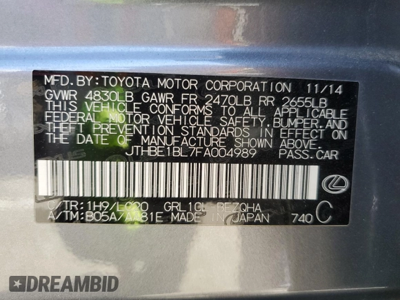 2015 Lexus GS 350 with VIN JTHBE1BL7FA004989, listed as a Copart auction lot 77909404 with 74,975 mi miles and Salvage Title. Bid and sale history available at DreamBid. Image 12.