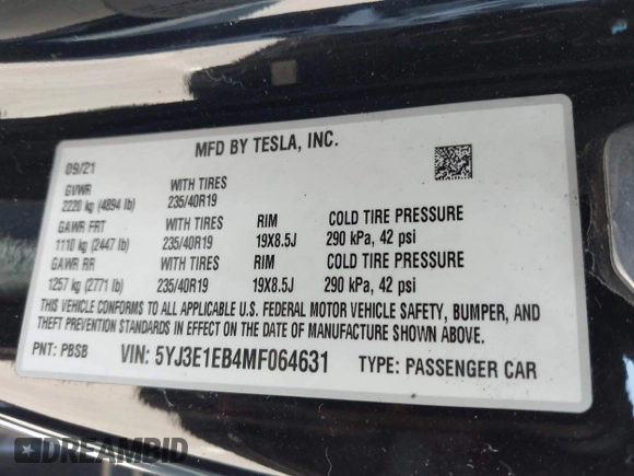 2021 Tesla Model 3 Long Range with VIN 5YJ3E1EB4MF064631, listed as a IAAI auction lot 41424856 with 95,511 mi miles and . Bid and sale history available at DreamBid. Image 9.