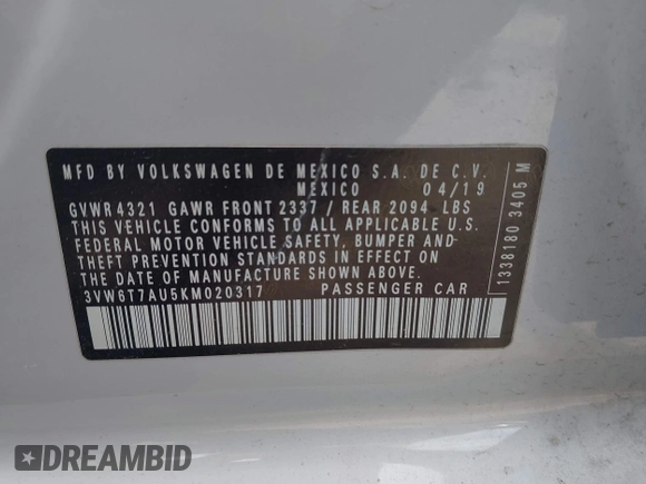 2019 Volkswagen GTI S z VIN 3VW6T7AU5KM020317, wystawiony jako IAAI lot #41790449 z przebiegiem 71 195 mil mil oraz . Historia ofert i sprzedaży dostępna na DreamBid. Obrazek 9.