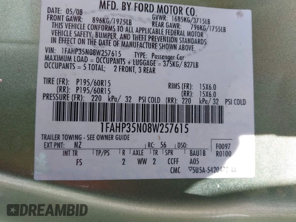 2008 Ford Focus SE with VIN 1FAHP35N08W257615, listed as a IAAI auction lot 42134968 with 179,979 mi miles and . Bid and sale history available at DreamBid. Image 9.