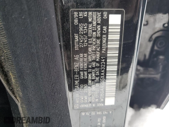 1999 Mercedes-Benz S-Class with VIN WDBGA43G5XA432341, listed as a Copart auction lot 43944135 with 0 mi miles and Salvage Title. Bid and sale history available at carsss.com. Image 13.