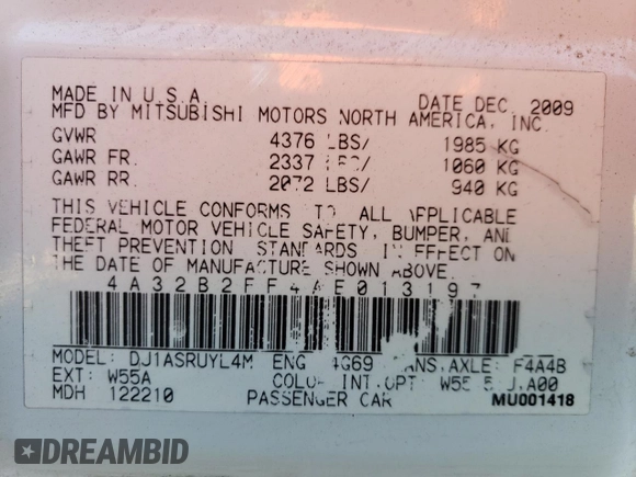 2010 Mitsubishi Galant FE with VIN 4A32B2FF4AE013197, listed as a Copart auction lot 50377225 with 204,155 mi miles and Salvage Title. Bid and sale history available at carsss.com. Image 13.