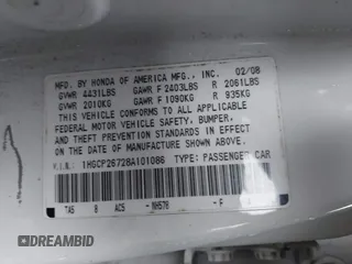 2008 Honda Accord EX with VIN 1HGCP26728A101086, listed as a IAAI auction lot 41996054 with 250,724 mi miles and . Bid and sale history available at DreamBid. Image 9.