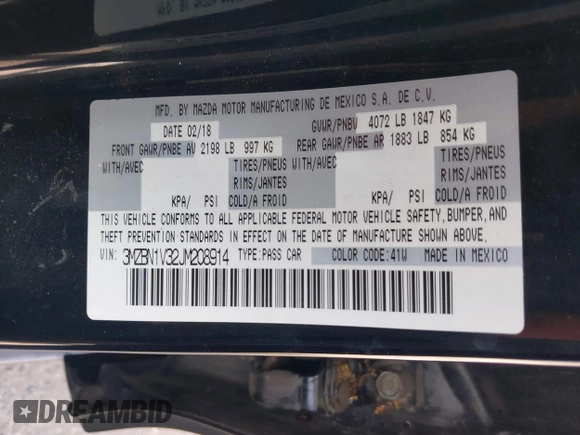 2018 Mazda 3 Touring with VIN 3MZBN1V32JM208914, listed as a IAAI auction lot 42066757 with 111,249 mi miles and . Bid and sale history available at DreamBid. Image 9.