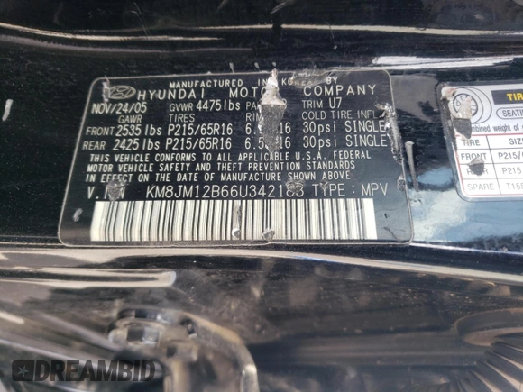 2006 Hyundai Tucson GL with VIN KM8JM12B66U342188, listed as a Copart auction lot 63140444 with 168,587 mi miles and Salvage Title. Bid and sale history available at carsss.com. Image 15.