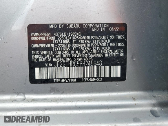 2023 Subaru Crosstrek Special Sports с VIN JF2GTHRC5PH245648, выставлен на аукционе Copart как лот 55337725 с пробегом 54 029 миль миль и Списание • Salvage title. История ставок и продаж доступна на DreamBid. Изображение 14.