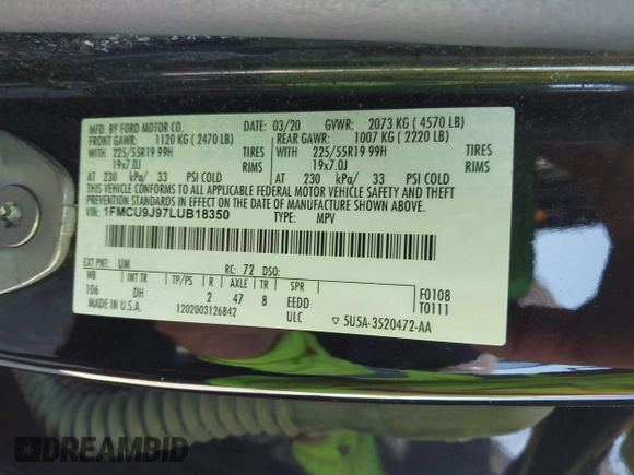 2020 Ford Escape Titanium z VIN 1FMCU9J97LUB18350, wystawiony jako IAAI lot #42574736 z przebiegiem 82 551 mil mil oraz . Historia ofert i sprzedaży dostępna na DreamBid. Obrazek 9.