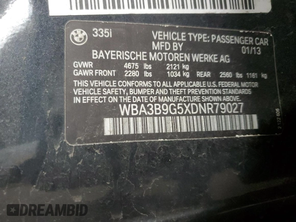 2013 BMW 3 Series 335i xDrive with VIN WBA3B9G5XDNR79027, listed as a Copart auction lot 59622525 with 126,559 mi miles and Clean title. Bid and sale history available at DreamBid. Image 12.