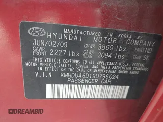 2009 Hyundai Elantra GLS with VIN KMHDU46D19U796024, listed as a IAAI auction lot 42461162 with 138,132 mi miles and . Bid and sale history available at DreamBid. Image 9.