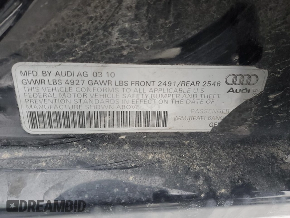 2010 Audi A4 2.0T Premium with VIN WAUBFAFL6AN054130, listed as a Copart auction lot 87857455 with 183,636 mi miles and Non Repairable. Bid and sale history available at carsss.com. Image 12.