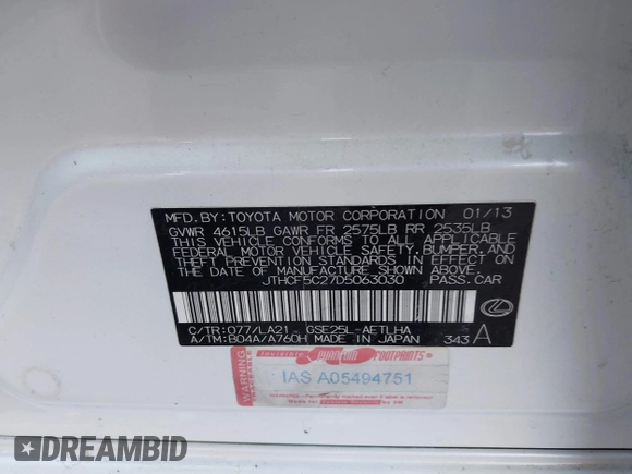 2013 Lexus IS 250 with VIN JTHCF5C27D5063030, listed as a IAAI auction lot 41475197 with 120,501 mi miles and . Bid and sale history available at DreamBid. Image 9.