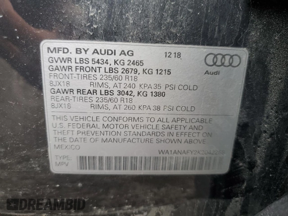 2019 Audi Q5 Premium with VIN WA1ANAFY2K2042258, listed as a Copart auction lot 50527895 with 62,946 mi miles and Salvage Title. Bid and sale history available at carsss.com. Image 13.