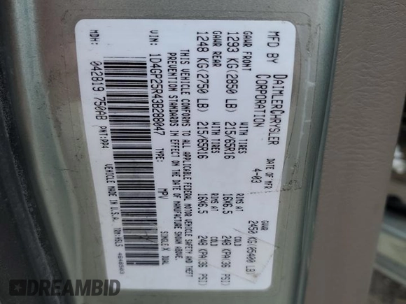 2003 Dodge Caravan SE z VIN 1D4GP25R43B288047, wystawiony jako Copart lot #55619655 z przebiegiem 109 128 mil mil oraz Czysty tytuł • Clean title. Historia ofert i sprzedaży dostępna na DreamBid. Obrazek 14.