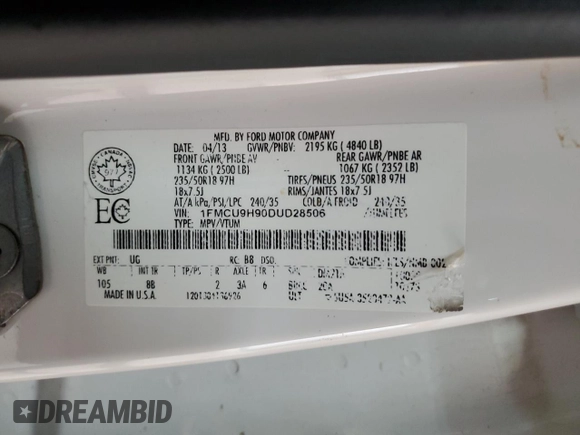 2013 Ford Escape SEL with VIN 1FMCU9H90DUD28506, listed as a Copart auction lot 61161005 with 161,883 mi miles and Clean title. Bid and sale history available at DreamBid. Image 13.