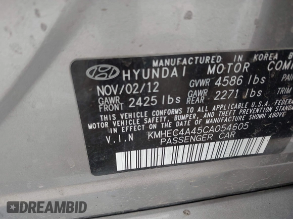 2012 Hyundai Sonata Hybrid with VIN KMHEC4A45CA054605, listed as a IAAI auction lot 42045509 with 188,852 mi miles and . Bid and sale history available at DreamBid. Image 9.