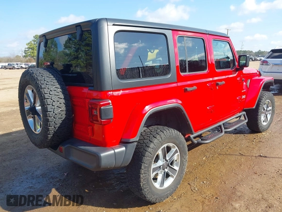 2018 Jeep Wrangler Unlimited Sahara z VIN 1C4HJXEN7JW224927, wystawiony jako IAAI lot #41515557 z przebiegiem 81 138 mil mil oraz . Historia ofert i sprzedaży dostępna na DreamBid. Obrazek 4.
