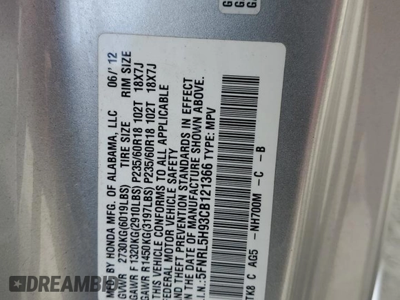 2012 Honda Odyssey Touring with VIN 5FNRL5H93CB121366, listed as a Copart auction lot 55383885 with 197,885 mi miles and Salvage title. Bid and sale history available at DreamBid. Image 13.