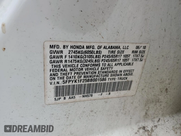 2011 Honda Ridgeline RT z VIN 5FPYK1F25BB001586, wystawiony jako Copart lot #65005405 z przebiegiem 184 046 mil mil oraz Czysty tytuł • Clean title. Historia ofert i sprzedaży dostępna na DreamBid. Obrazek 12.