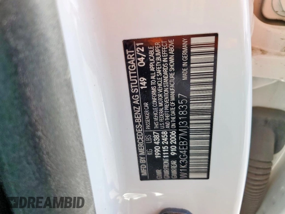 2021 Mercedes-Benz A 220 with VIN W1K3G4EB7MJ318357, listed as a Copart auction lot 47501735 with 54,204 mi miles and Clean Title. Bid and sale history available at DreamBid. Image 12.