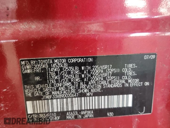 2009 Toyota RAV4 with VIN JTMBF33V89D020647, listed as a Copart auction lot 48384815 with 139,607 mi miles and Salvage Title. Bid and sale history available at carsss.com. Image 13.