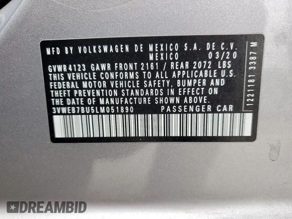 2020 Volkswagen Jetta SEL with VIN 3VWEB7BU5LM051890, listed as a Copart auction lot 60309235 with 49,846 mi miles and Salvage title. Bid and sale history available at DreamBid. Image 12.