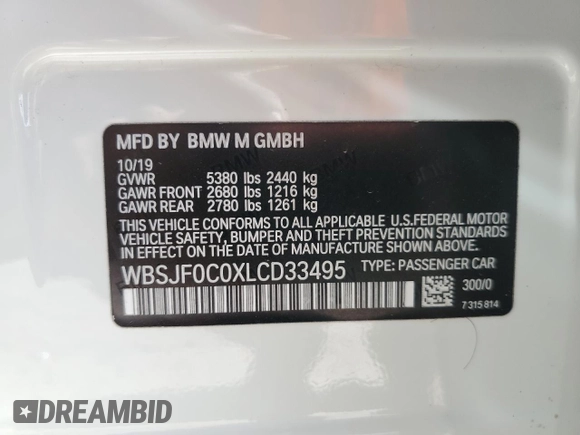 2020 BMW M5 Competition with VIN WBSJF0C0XLCD33495, listed as a Copart auction lot 69428704 with 32,921 mi miles and Salvage Title. Bid and sale history available at carsss.com. Image 12.