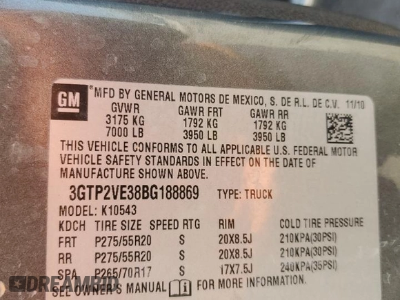2011 GMC Sierra 1500 SLE with VIN 3GTP2VE38BG188869, listed as a Copart auction lot 60488425 with 300,788 mi miles and Salvage title. Bid and sale history available at DreamBid. Image 13.