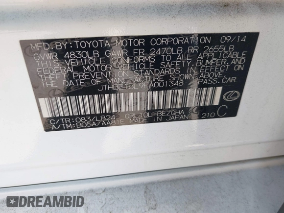 2015 Lexus GS 350 with VIN JTHBE1BL9FA001348, listed as a IAAI auction lot 42583249 with 100,363 mi miles and . Bid and sale history available at DreamBid. Image 9.