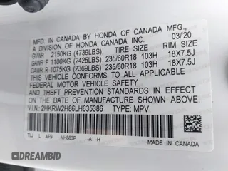 2020 Honda CR-V EX-L with VIN 2HKRW2H86LH635386, listed as a IAAI auction lot 42020216 with 46,291 mi miles and . Bid and sale history available at DreamBid. Image 9.