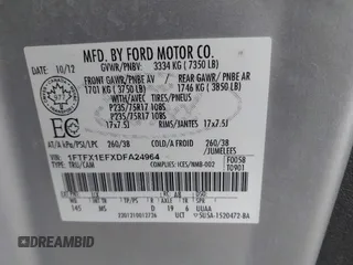 2013 Ford F-150 XL z VIN 1FTFX1EFXDFA24964, wystawiony jako IAAI lot #40585632 z przebiegiem Nie podano mil oraz . Historia ofert i sprzedaży dostępna na DreamBid. Obrazek 9.