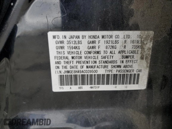 2010 Honda Fit Sport with VIN JHMGE8H49AC039500, listed as a Copart auction lot 53576655 with 170,571 mi miles and Salvage Title. Bid and sale history available at carsss.com. Image 14.