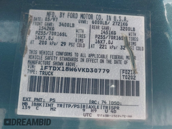 1997 Ford F-150 XL с VIN 1FTDX18W6VKD30779, выставлен на аукционе IAAI как лот 42581834 с пробегом 228 598 миль миль и . История ставок и продаж доступна на DreamBid. Изображение 9.