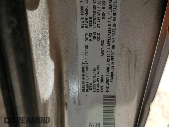 2021 Ram 2500 with VIN 3C6MR5AL1MG568621, listed as a Copart auction lot 62919735 with Not provided miles and Salvage title. Bid and sale history available at DreamBid. Image 12.