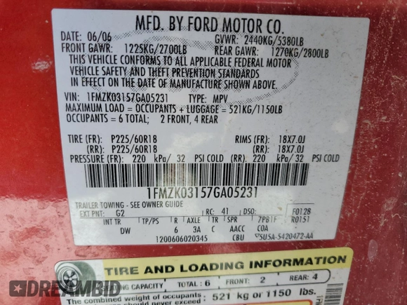 2007 Ford Freestyle Limited with VIN 1FMZK03157GA05231, listed as a Copart auction lot 41742015 with 182,377 mi miles and Clean title. Bid and sale history available at DreamBid. Image 13.