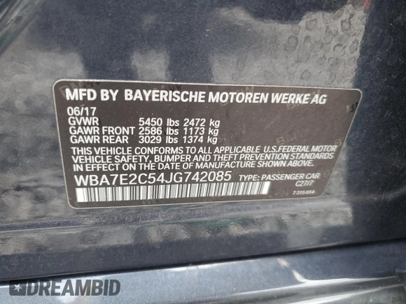 2018 BMW 7 Series 740i with VIN WBA7E2C54JG742085, listed as a Copart auction lot 80887894 with 0 mi miles and Salvage Title. Bid and sale history available at carsss.com. Image 12.