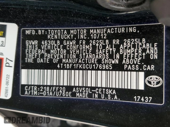2012 Toyota Camry L with VIN 4T1BF1FK0CU176965, listed as a Copart auction lot 52094245 with 135,004 mi miles and Salvage Title. Bid and sale history available at DreamBid. Image 14.