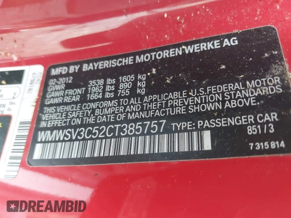 2012 MINI Hardtop S with VIN WMWSV3C52CT385757, listed as a IAAI auction lot 42255285 with 116,660 mi miles and . Bid and sale history available at DreamBid. Image 9.