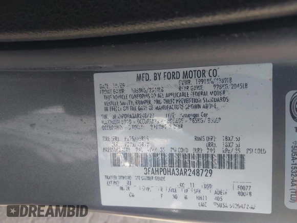 2010 Ford Fusion SE with VIN 3FAHP0HA3AR248729, listed as a IAAI auction lot 42030832 with 113,972 mi miles. Bid and sale history available at carsss.com. Image 9.
