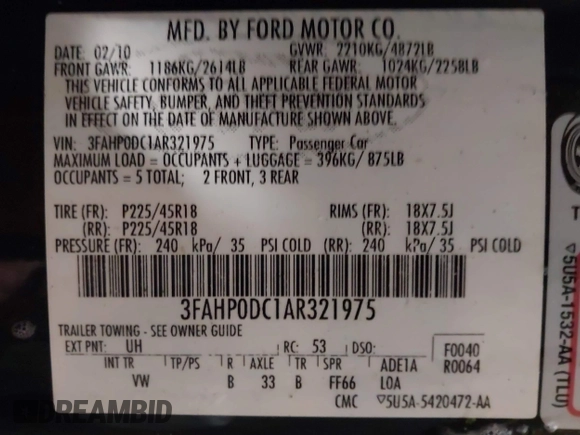 2010 Ford Fusion SPORT with VIN 3FAHP0DC1AR321975, listed as a IAAI auction lot 41395134 with 53,550 mi miles. Bid and sale history available at carsss.com. Image 9.
