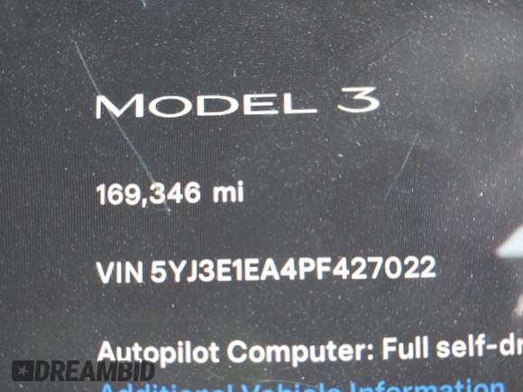 2023 Tesla Model 3 with VIN 5YJ3E1EA4PF427022, listed as a IAAI auction lot 42465964 with 169,346 mi miles and . Bid and sale history available at DreamBid. Image 15.