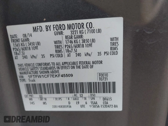 2014 Ford F-150 XL with VIN 1FTFW1CF7EKF45509, listed as a IAAI auction lot 42427754 with 115,371 mi miles and . Bid and sale history available at DreamBid. Image 9.